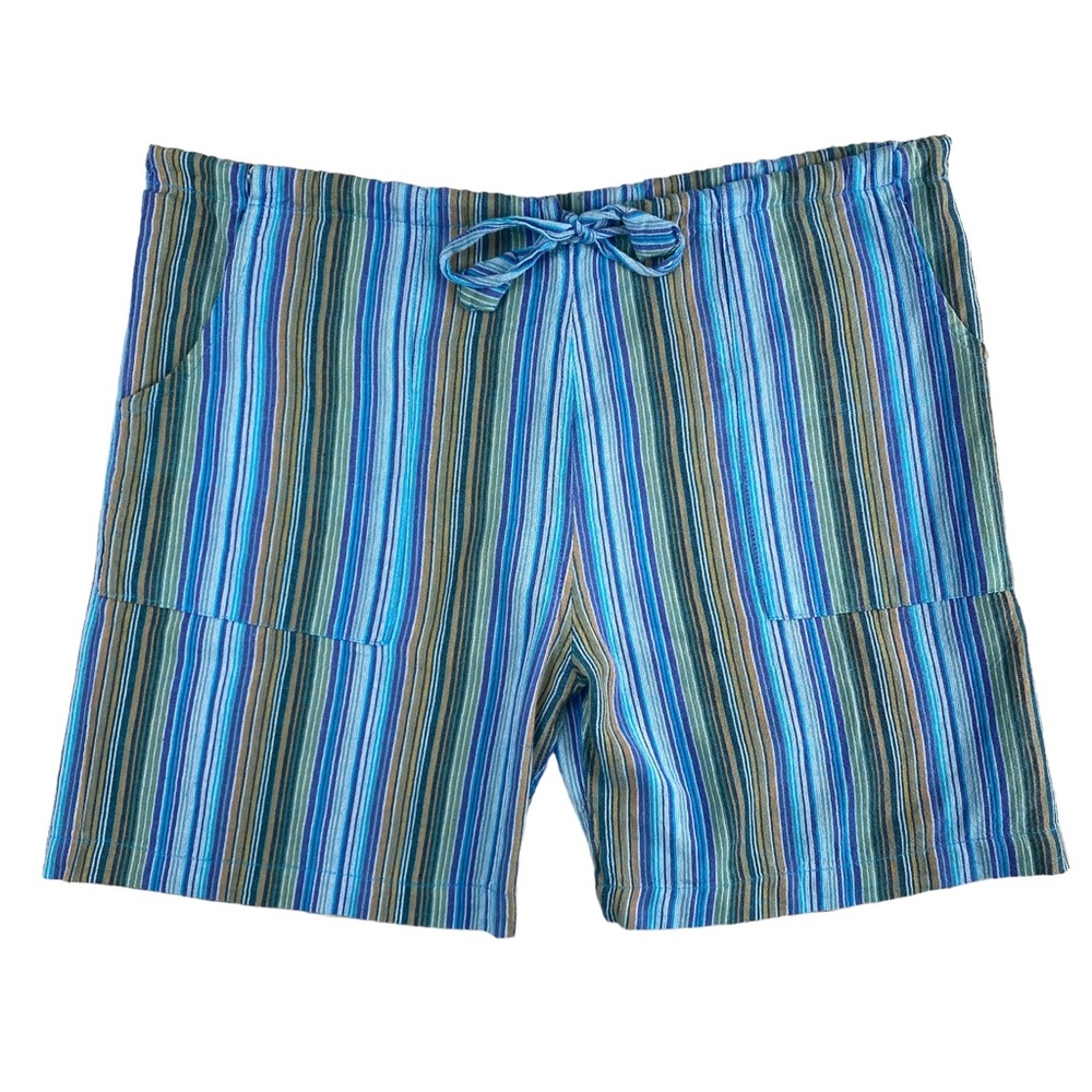 Blue and Green Striped Casual Cotton Shorts w/Pockets- Med